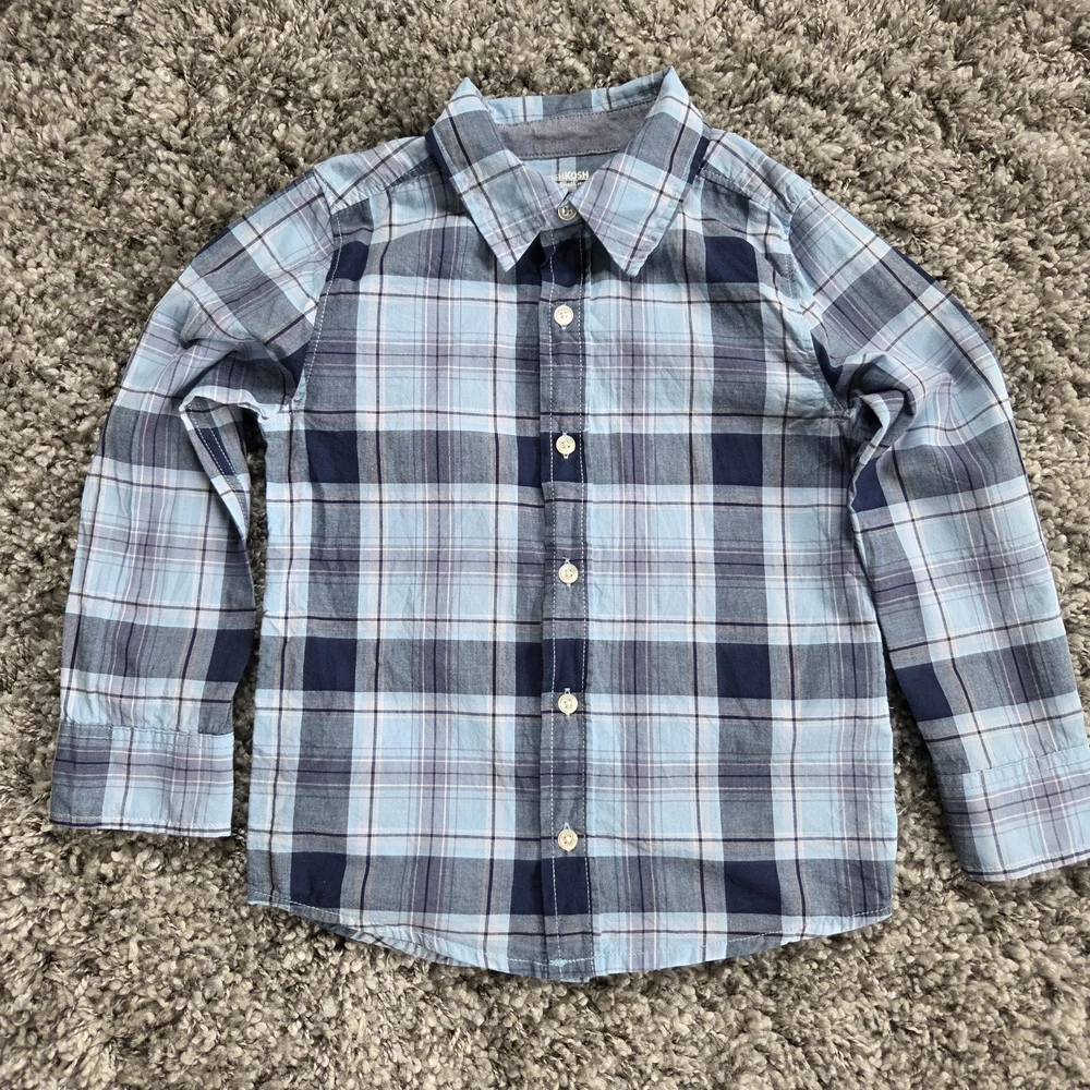 OshKosh B'gosh Boys 7/7A Button-Up Shirts Long Sleeve Blue Plaid Solid Lot